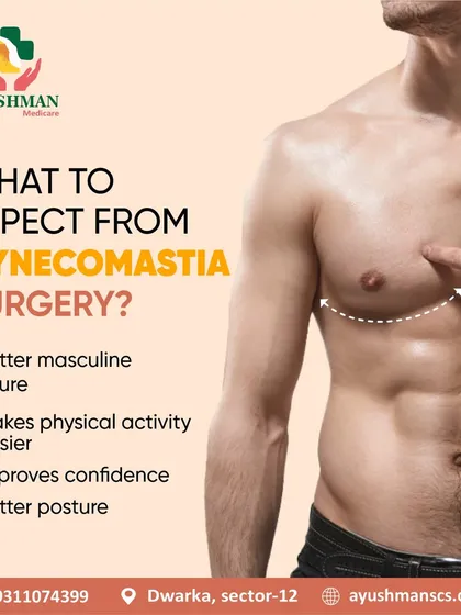 We provide discreet and effective solutions for gynecomastia, or male chest reduction. This informational graphic outlines the key benefits of the surgery, which include achieving a more masculine figure, improving posture, and boosting confidence for physical activities.