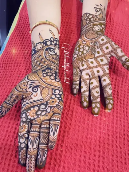 A full view of the beautiful peacock and floral mehendi for the festival of lights.