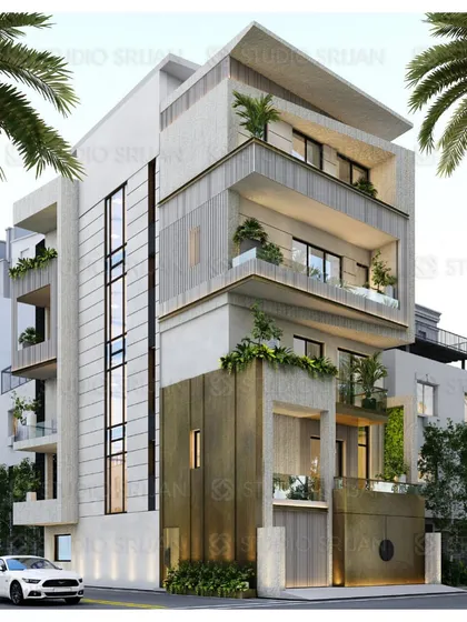 Another perspective of the Kohat Enclave home, showing the vertical glass slit that brings light deep into the building. The design is compact yet highly expressive.