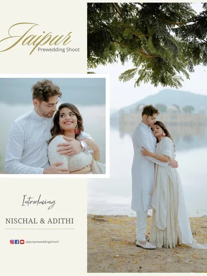 An introductory image for Nischal and Adithi, featuring a beautiful, soft-lit photo from their Jal Mahal pre-wedding shoot.