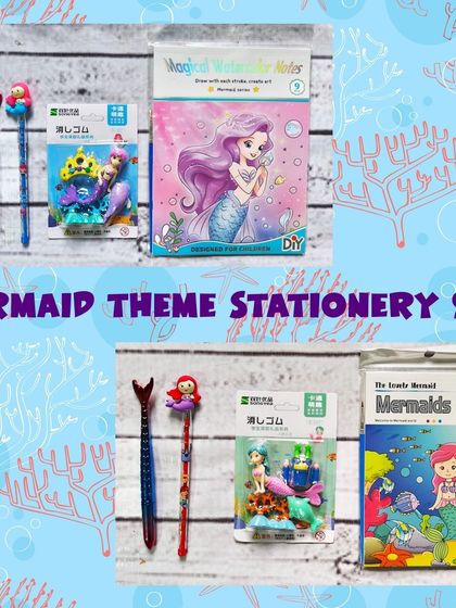 Two variations of the mermaid stationery set, each including different styles of pens, erasers, and watercolor books to suit your preference.
