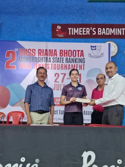 Ananya Chande receiving her Gold medal prize at the 2nd Maharashtra State Ranking Tournament. It takes a community to support a champion, and we are proud of the team behind her success.