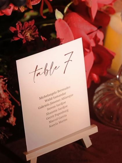 A custom table number on a miniature easel, a small but elegant detail that contributes to the bespoke feel of the event.