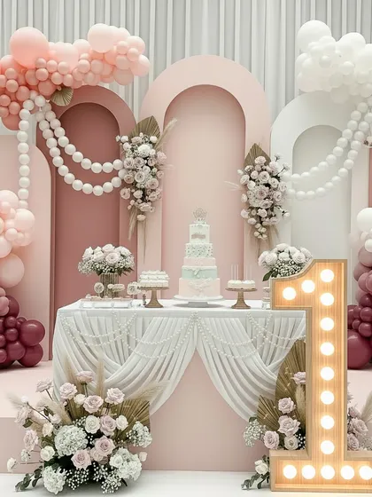 This is a full view of the pastel and pearl stage setup, featuring a tiered cake on a draped table. The scene is framed by balloon clouds, pearl garlands, and a large, illuminated number '1', making it a perfect backdrop for a first birthday cake-cutting ceremony.