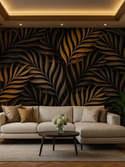 A dark and luxurious take on botanical wallpaper. This design showcases large, golden palm leaves against a black background, creating a dramatic and sophisticated feature wall that pairs beautifully with the room's cove lighting.