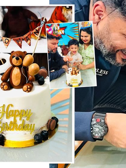 A collage showcasing the teddy bear cake and the happy family enjoying it. It's a joy to be a part of such precious moments.