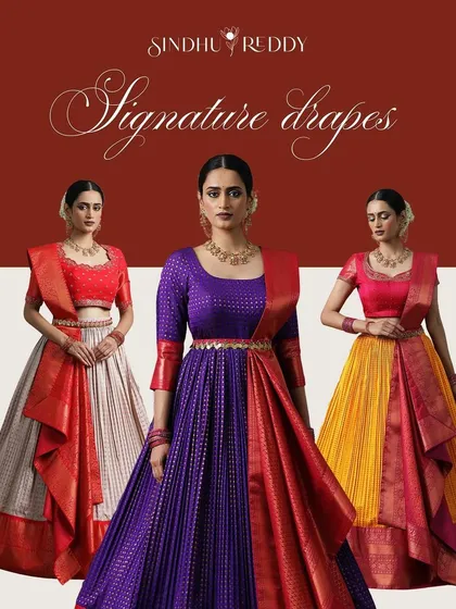 Our "Signature Drapes" collage showcases the variety of our half-saree style lehengas, each a unique blend of color and craft.
