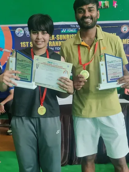 **Senior Ranking Tournament Gold.** Ridhima Singh and Bal Kaseri celebrate their Gold medal win in the Mixed Doubles category at the Yonex Sunrise UP 1st Senior Ranking Tournament.