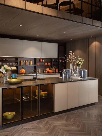 Our kitchen islands are designed to be practical, functional, and beautiful. This model features an inbuilt crockery unit with tinted glass doors, adding valuable and accessible storage to the center of the kitchen.