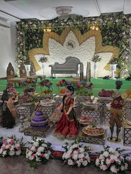 A full view of the white lotus backdrop stage.