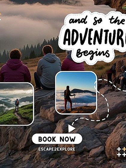 A promotional graphic with the text "And so the adventure begins," inviting users to book their next trek.