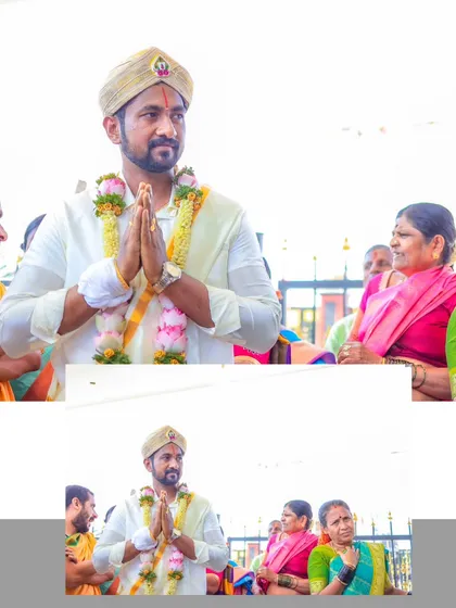 A collage showing the groom during the wedding rituals, both in a prayerful pose and greeting the guests. I document the entire flow of the ceremony.