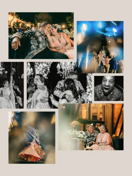 A scrapbook-style collage of candid Sangeet moments, from dancing with sparklers to the groom's surprised expression.