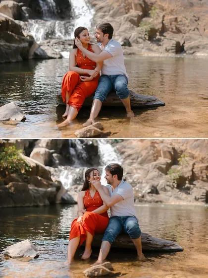 A diptych showing playful and tender interactions between the couple as they sit by a waterfall.