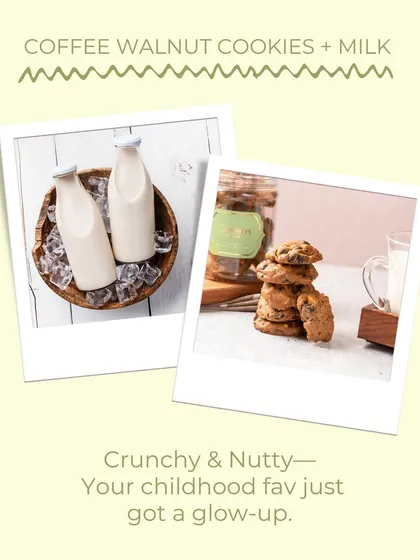 A nostalgic pairing of my crunchy and nutty Coffee Walnut Cookies with a bottle of milk. It’s a childhood favourite that has received a wholesome glow-up.