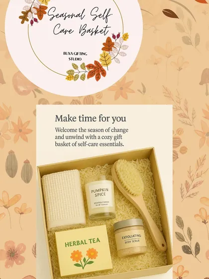 An idea for a seasonal self-care basket for autumn, with pumpkin spice scents, herbal tea, and an exfoliating body scrub.