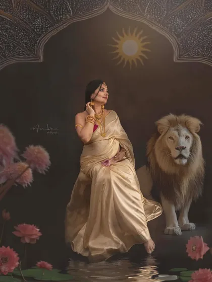 An ethereal vision of motherhood, this conceptual portrait uses a palette of whites and golds to create a serene, dreamlike quality. The white lion symbolizes a gentle yet powerful spirit, reflecting the goddess-like aura of an expecting mother in this unique painterly photo.
