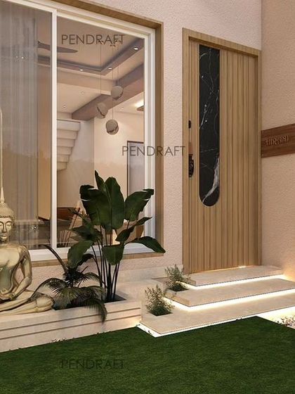 Our proposed design for the entrance, featuring a serene Buddha statue, illuminated steps, and lush greenery to create a tranquil and inviting welcome.