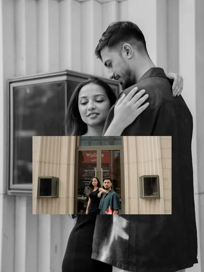 A creative edit combining a black and white embrace with a color photo inset. This artistic approach adds a unique, layered look to your final gallery, blending different moments together.
