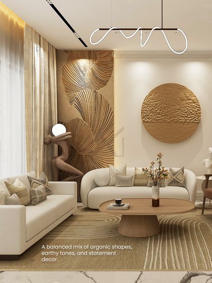 A balanced mix of organic shapes, earthy tones, and statement decor. The sculptural wall art adds a unique, artistic touch to the living space.
