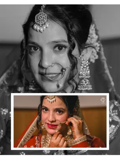 A creative black and white and color collage of the bride, highlighting her expressive eyes and traditional jewelry.