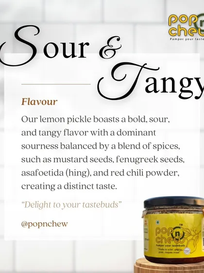 Our lemon pickle delivers a bold, sour, and tangy flavour. The distinct taste comes from a balance of mustard seeds, fenugreek, asafoetida (hing), and red chili powder, making it a delight for your tastebuds.
