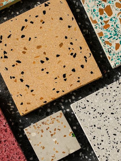A vibrant collection of terrazzo patterns created in our workshop. Mixing and matching these custom tiles is a great way to create an outstanding design feature.