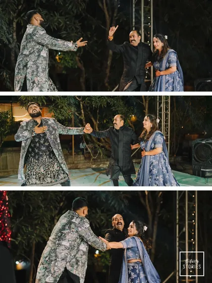 A collage capturing the fun and energy of a Sangeet dance performance. The groom is seen dancing with his family, showcasing the joy and involvement of loved ones.