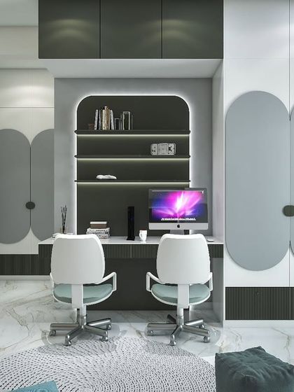 A concept for a shared kids' study area within a bedroom. The design features a long desk with two chairs, ample shelving, and modern, rounded wardrobe doors.