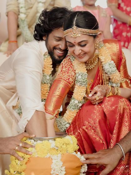 A candid moment from a beautiful South Indian wedding. We provided makeup for both the bride and groom, focusing on a natural, radiant look that photographed beautifully and felt comfortable throughout the ceremony.