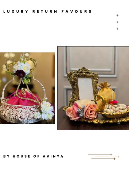Two styles of luxury return favours. On the left, a silver basket with a pink potli and floral accents. On the right, a golden photo frame paired with a dry fruit platter.