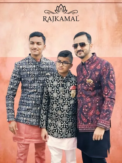 It brings me immense joy to see my clients celebrate their special moments in my creations. Here is a happy client family, with the groomsmen and family members styled in a coordinated selection of my Indo-Western jackets and kurtas.