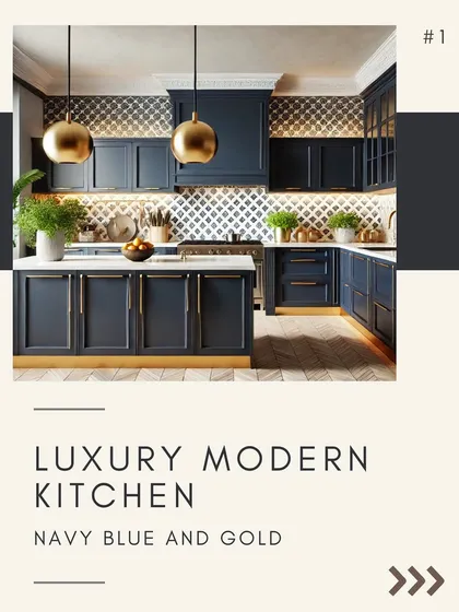 For a luxury modern look, a navy blue and gold color scheme is a stunning choice. The deep blue cabinets contrast beautifully with the warm gold hardware and light fixtures.