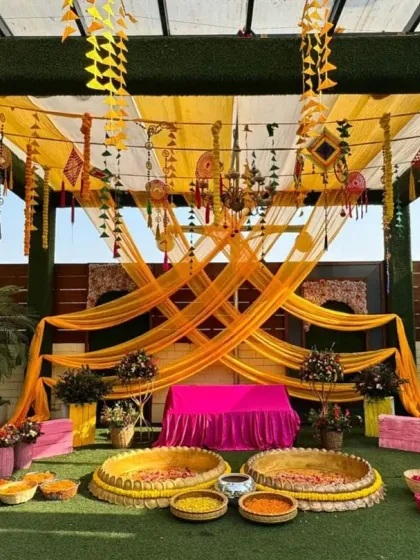 I love bringing vibrant energy to Haldi ceremonies. This outdoor setup uses traditional marigolds and yellow drapes, creating a picture-perfect backdrop for a day full of fun, laughter, and unforgettable moments.