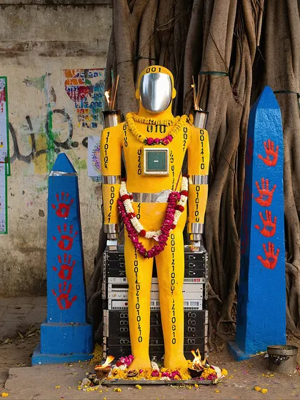 A yellow version of the 'Large Language Mystic' shrine, placed under a large tree. The series explores how these new-age idols might appear in different public spaces.