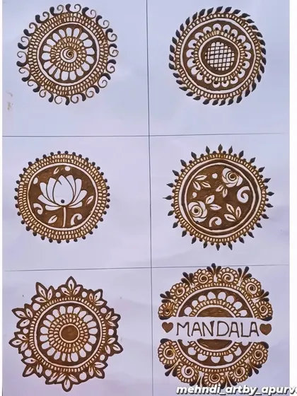 Here is a look at some of the different mandala designs I offer. Each one has its own unique character, from simple and floral to geometric, giving you plenty of options for your own custom mehendi.