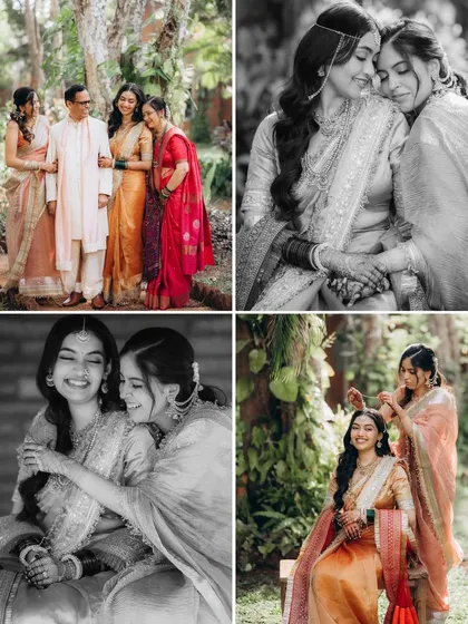 A collage showcasing different family moments at a wedding. It includes a full family portrait, tender moments between sisters, and a mother helping the bride get ready, telling a complete story of family love.