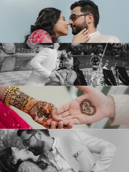 A collage of close-up, intimate moments from the Mehendi. It features kisses, holding hands, and a detailed shot of the groom's hand with the bride's name in henna.