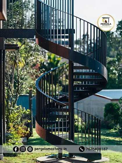 This all-metal outdoor spiral staircase features a robust design with closely spaced vertical balusters for enhanced safety. Its durable construction ensures long-lasting performance in any weather condition.