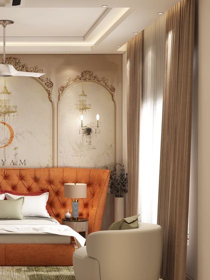A bold and royal bedroom with a tufted orange wingback headboard, set against a wall with classical arch murals and elegant sconces.