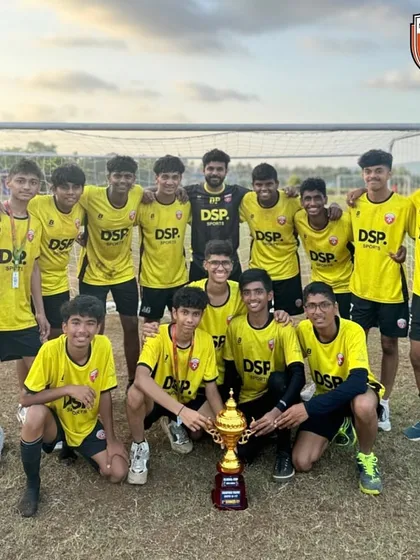 Our U17 champions posing with the trophy in Goa. We travel, we compete, we win.