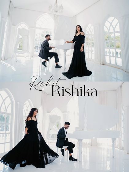 Two stunning wide shots that showcase the scale and beauty of the all-white piano room, making the couple in black stand out dramatically.