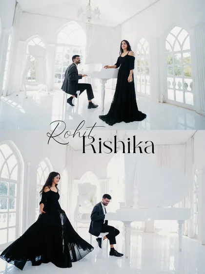 Two stunning wide shots that showcase the scale and beauty of the all-white piano room, making the couple in black stand out dramatically.