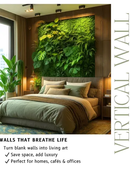 Walls that breathe life into your most personal spaces. A vertical garden in the bedroom creates a tranquil haven, promoting restful sleep by purifying the air and creating a deep connection to nature.