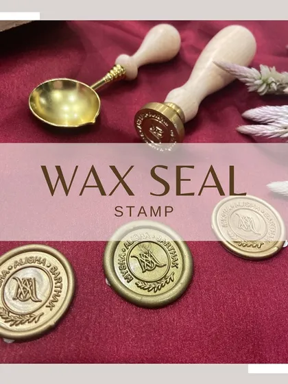 A collage showcasing the details of our wax seal stamps, from the wooden handle to the intricate brass head and the final seal impression.