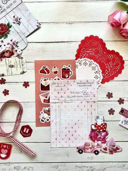 The "Love Letters" journaling kit, perfect for Valentine's Day or creating romantic-themed pages.