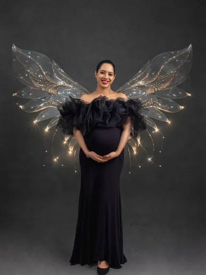 Let's bring your fairytale to life. Using props like these beautiful, light-up fairy wings, I can create whimsical and imaginative maternity portraits that are truly one-of-a-kind.