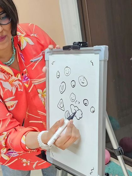 Our facilitator demonstrating how to create different expressions and characters from simple shapes and lines. This is a core part of our doodle basics workshop, making art accessible and fun.