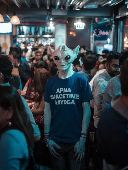 An alien in a crowded bar wearing a t-shirt that says 'APNA SPACETIME AAYEGA'. A sci-fi twist on a popular phrase, capturing a feeling of hopeful alienation.