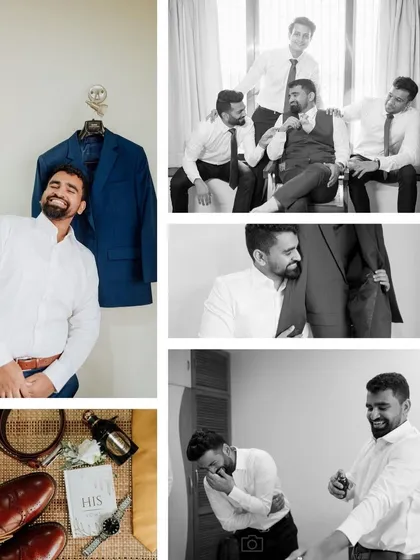 The groom and his groomsmen sharing laughs and getting ready together. This black and white collage captures the fun and camaraderie before the ceremony.